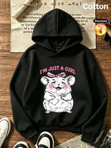 2026 Autumn/Winter Custom Loose Black Sweatshirt, Girls Style, Cartoon Hamster Pattern And Letter Print, Casual Streetwear - Black - View 4