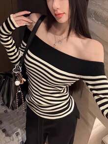 Women's Off-Shoulder Striped Knit Top, Autumn/Winter Slimming Base Layer, Sexy Cold Shoulder Contrast Color Sweater - Black and White Stripes - View 3