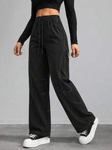 Women's Black Cargo Pants With Wide Leg, Drawstring Elastic Waist, Contrast Stitching, Zipper Pockets And Adjustable Hems - Black - View 9