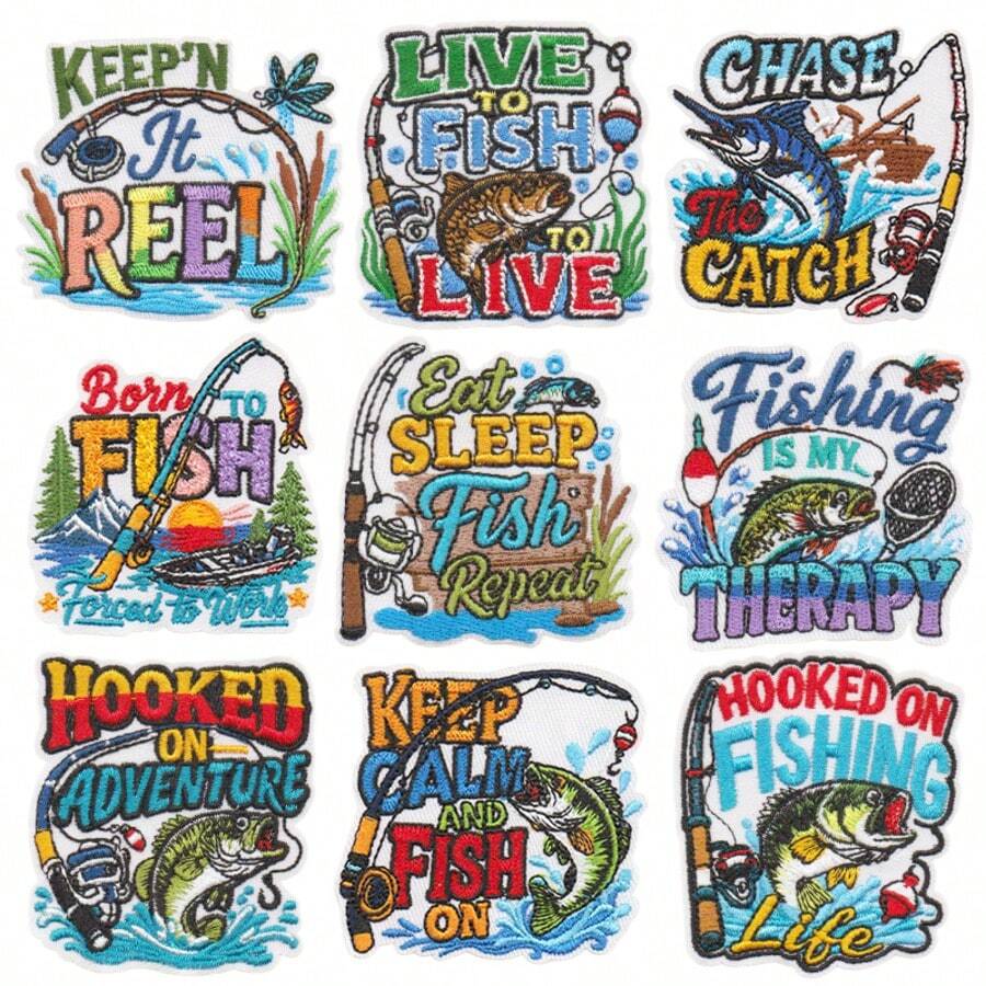 Set Patch Bordir Bahasa Inggris Bertema Memancing, Pola Joran Pancing & Ikan Bass, Patch Tempel DIY untuk Jaket & Ransel Luar Ruangan - MultiWarna - View 1