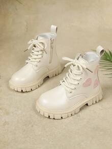 Girls' Cute Boots With Heart Decoration, Mid-Calf Ankle Boots, Non-Slip Wear-Resistant Boots - Beige - View 1
