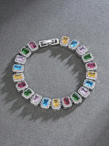 1pc Vintage Royal Luxury Style Copper Material Rectangular Zirconia Full Rhinestone Bracelet Women's Holiday Party Gift Jewelry - Multicolor - View 6
