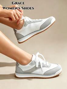 Women's All-Season New Multi-Function Training Shoes, Easy To Clean, Round Toe, Low-Top, Casual, Flat, Comfortable, Versatile, White, Color-Block, Sports Casual Shoes - White - View 1