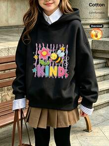 2026 Autumn/Winter Custom Loose Black Sweatshirt, Girls' Style, Cute Cartoon Design With Flowers, Little Bees And Colorful KIND Lettering - Black - View 1