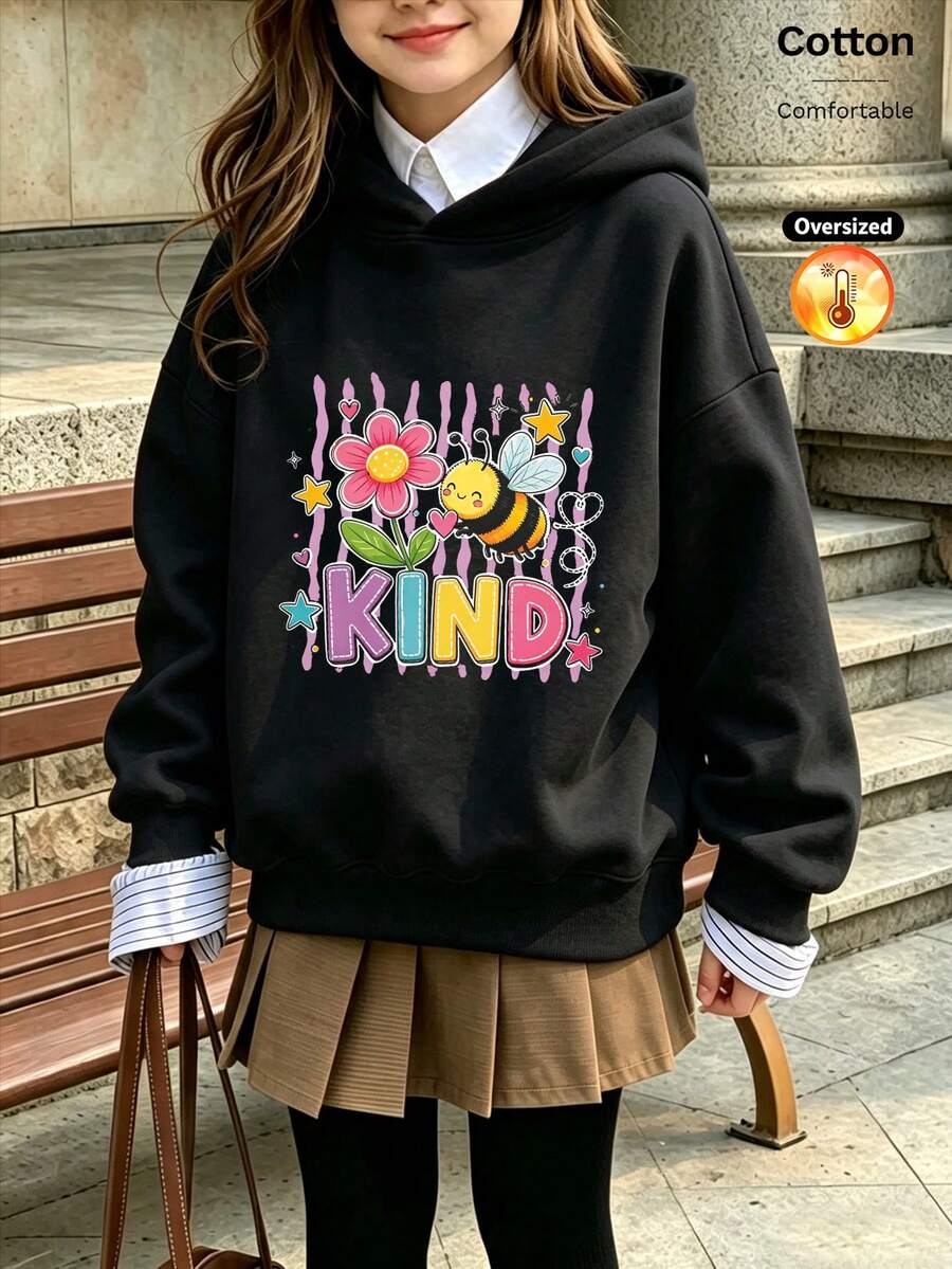 2026 Autumn/Winter Custom Loose Black Sweatshirt, Girls' Style, Cute Cartoon Design With Flowers, Little Bees And Colorful KIND Lettering - Black - View 1