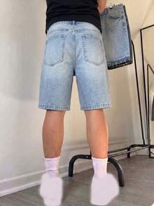 丹寧短褲百慕達長度夏季褲子無彈力丹寧短褲直筒短褲百慕達長度中長褲，棉質丹寧牛仔褲，街頭時尚百搭，Y2K美學 - 藍色 - 查看 2