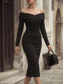 Women's Elegant Solid Color Party Dress, Formal Evening Gown, Autumn - Black - View 2