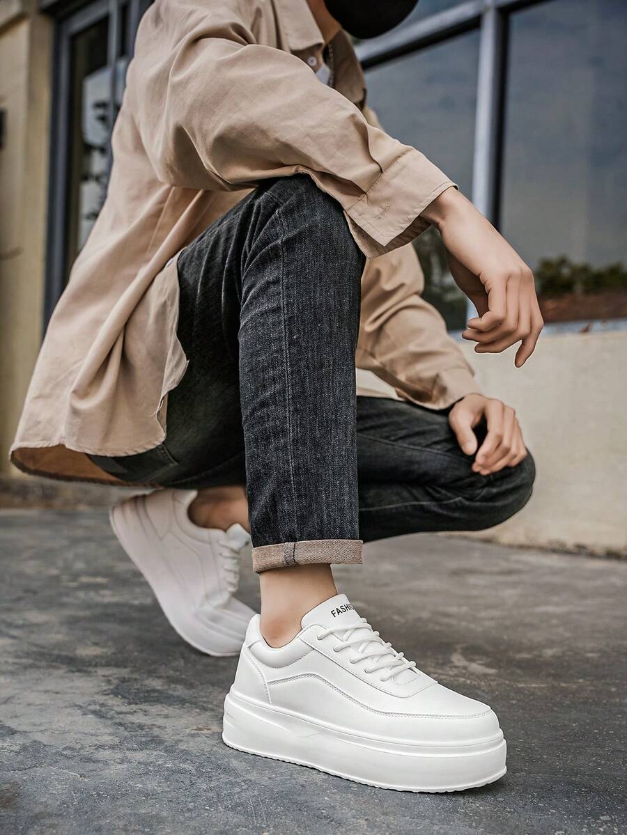 Men's Pure White Thick Sole White Sneakers, Minimalist Solid Color Multi-Layer Sole Design, Versatile Casual Shoes For Daily Commute And Streetwear