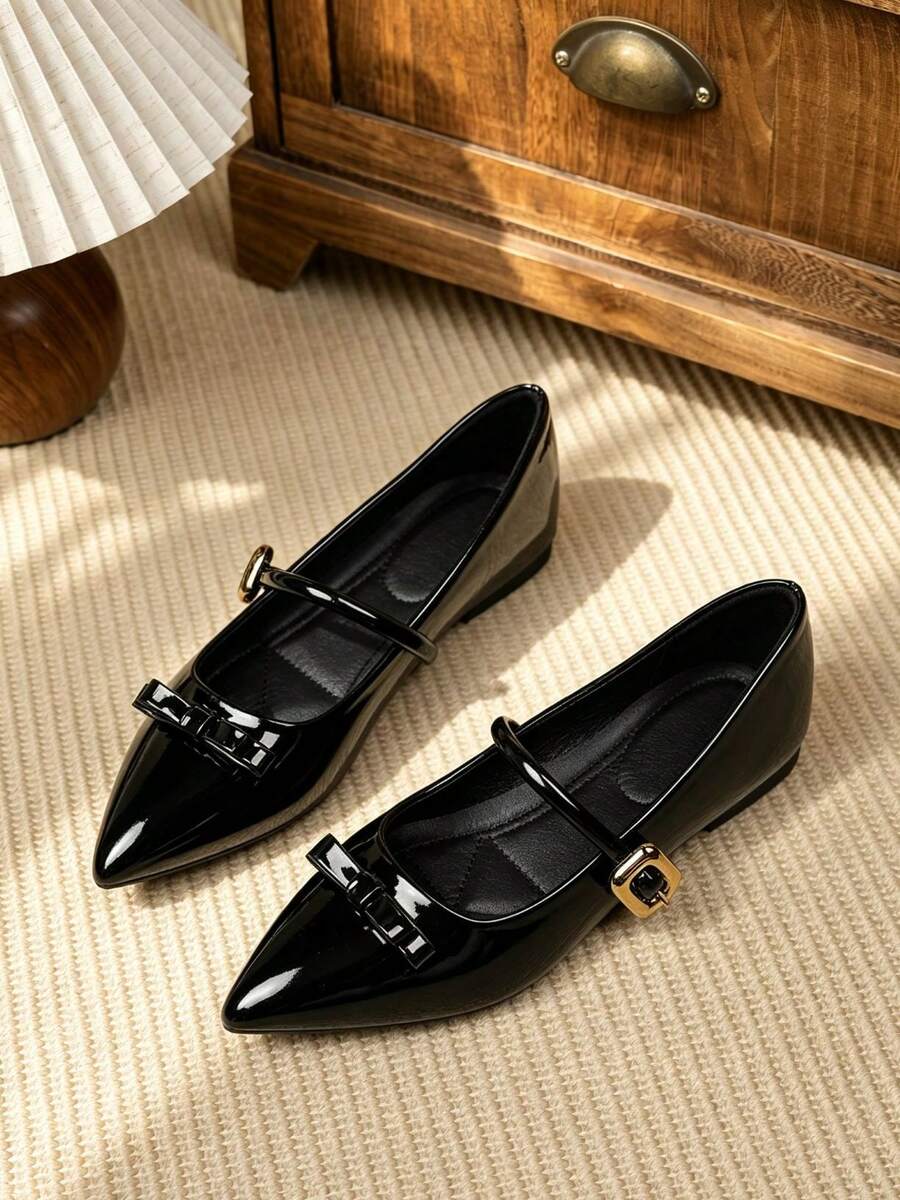 Pointed Toe Single Strap Shoes, Lightweight Office Commuter Gentle Style Women's Shoes - Black - View 1
