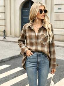 Plus Size Women's Plaid Lapel Single-Breasted Brushed Thick Fashionable Versatile Long Sleeve Shirt - Brown - View 2