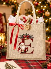 Initial And Name Christmas Canvas Gift Bag, 26 Initials, Custom Large Santa Claus Patterned Cloth Bag, Featuring A Red Bow Ribbon, Personalized Christmas Decoration Gift Party Favor - Multicolor - View 2