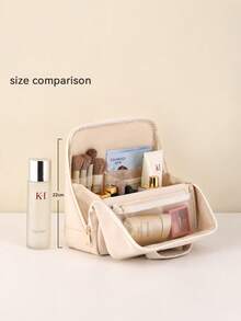 Women's Upright Travel Makeup Bag With Phone Holder, Magnetic Closure, Waterproof Plaid PU Leather, Stand-Up And Hangable Cosmetic Organizer - View 9