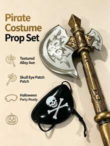 2pcs Pirate Plastic Axe Props, Realistic Antique Silver Metal Battle Axe, Halloween Cosplay Weapon, Skull Eye Mask Set, Stage Performance Party Props - Multicolor - View 1