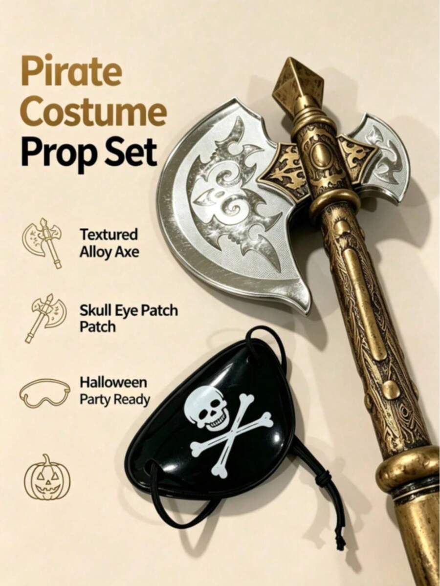 2pcs Pirate Plastic Axe Props, Realistic Antique Silver Metal Battle Axe, Halloween Cosplay Weapon, Skull Eye Mask Set, Stage Performance Party Props - Multicolor - View 1