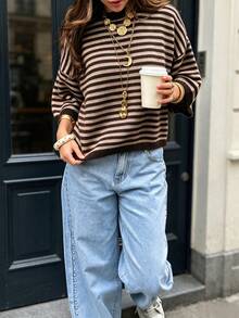 MORI Women's Autumn/Winter New Knit Top, Coffee And Apricot Striped Short Sleeve Crew Neck Pullover, Casual Style Fall - Coffee Brown - View 4