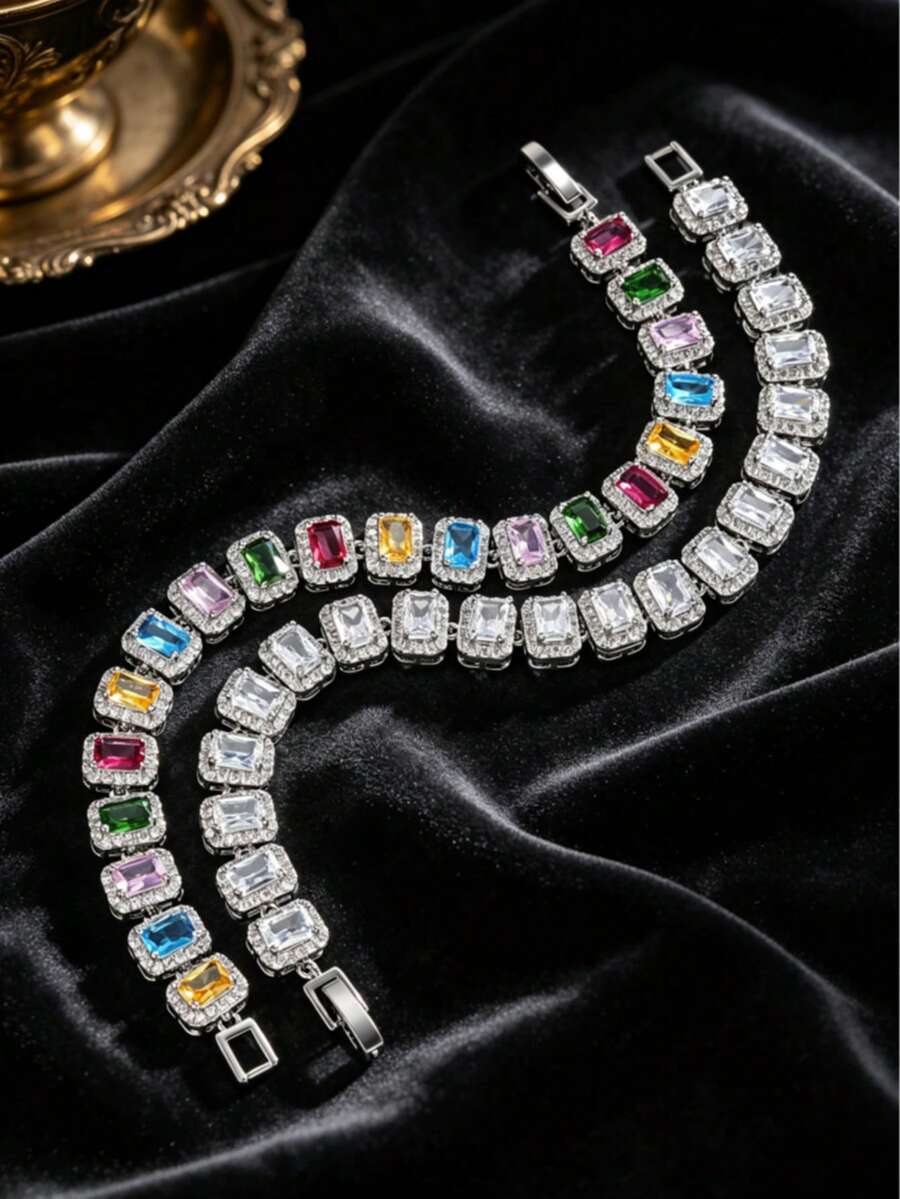 1pc Vintage Royal Luxury Style Copper Material Rectangular Zirconia Full Rhinestone Bracelet Women's Holiday Party Gift Jewelry - Multicolor - View 1