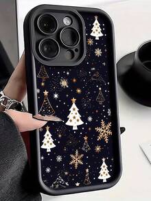 Matte Stepped Eye Frame Phone Case, Black Matte Phone Case, Gold Snowflake & Christmas Tree Pattern Anti-Drop Soft TPU Phone Protective Cover, Raised Camera Frame Anti-Drop Protection Women's Phone Case, Compatible With Apple 11, 12, 13, 14, 15, 16, 17, 18 Pro Max. Minimalist Neutral Style Phone Case, Specially Designed For Women - Black - View 1