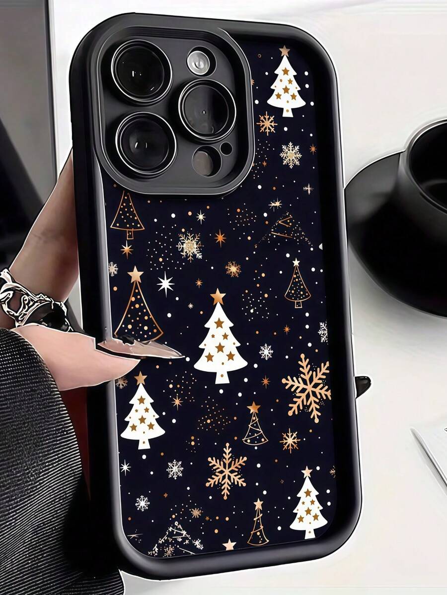 Matte Stepped Eye Frame Phone Case, Black Matte Phone Case, Gold Snowflake & Christmas Tree Pattern Anti-Drop Soft TPU Phone Protective Cover, Raised Camera Frame Anti-Drop Protection Women's Phone Case, Compatible With Apple 11, 12, 13, 14, 15, 16, 17, 18 Pro Max. Minimalist Neutral Style Phone Case, Specially Designed For Women - Black - View 1