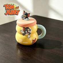 TOM AND JERRY. Cute Cartoon Gourd-Shaped Ceramic Coffee Mug With Lid, Gourd-Shaped Ceramic Cup With Lid, Home And Office Water Cup Gift - Multicolor - View 12