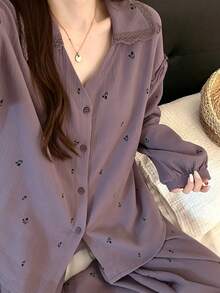 2pcs Women Sleepwear Set, Turndown Collar Cardigan Shirt, Floral Print Fashionable Minimalist 3/4 Pants, Suitable For Home & Leisure, All Seasons - Purple - View 3