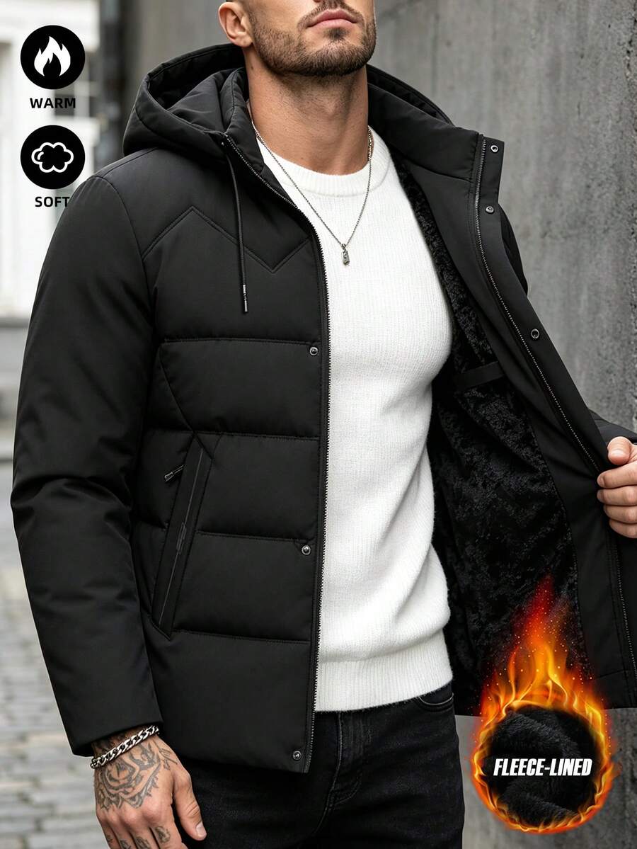 1pc Men's Autumn/Winter Casual Sports Jacket With Fashionable Large Pockets, Detachable Hood, Thick Thermal Lining, Suitable As Gift For Father, Husband, Friend - Black - View 1