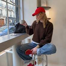 FOR BEAUTY Fall Winter Women Sweaters Y2K Chic Dark Brown Fuzzy Mohair Knit Tops Crewneck Loose Pullover Drop Shoulder Office Brunch Outfits - Red Coffee - View 4