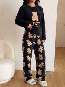 Women's 2-Piece Pajama Set, Autumn Plush Teddy Bear Embroidered Long Sleeve Fleece Top + Printed Flannel Long Pants Loungewear Nightwear Set - Black - View 3