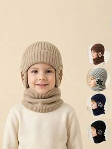 2pcs/Set 3-10 Years Old Kids Snowflake Earflap Hat & Scarf Set, 2pcs/Set, Winter Outdoor Knitted Hat With Fleece Lining, Thickened Style, Suitable For Winter Cycling - Grey - View 1