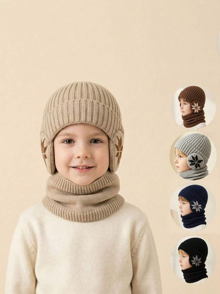 2pcs/Set 3-10 Years Old Kids Snowflake Earflap Hat & Scarf Set, 2pcs/Set, Winter Outdoor Knitted Hat With Fleece Lining, Thickened Style, Suitable For Winter Cycling - Grey - View 1