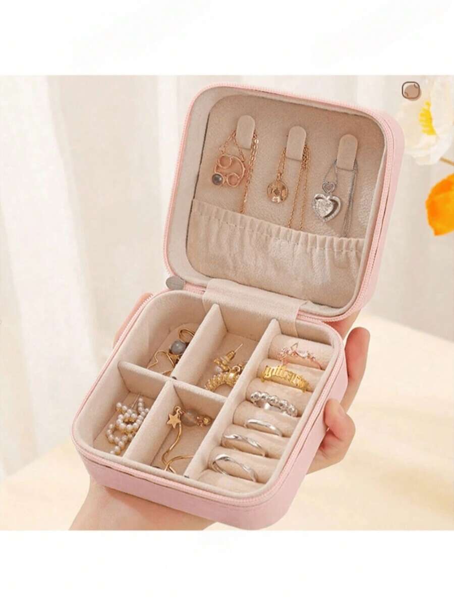 1 Pink Minimalist PU Leather Portable Jewelry Box, Suitable For Women To Store Rings, Necklaces, And Jewelry, Perfect For Travel. Multi Layer Large Capacity Earrings, Studs, Rings, Earrings, Rings, Necklaces, Christmas Gifts For Girls - A - View 1