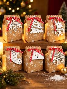 6/12pcs/Pack Christmas Party Gift Candy Cookie Boxes Paper Boxes Christmas Party Decoration Paper Boxes Includes Ribbon Cards - View 9