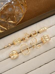 9pcs Simple Fashion Asymmetrical Metal Geometric Rings Set For Women, Sisters, Vacation, Date, Gift, Daily Casual, Party, Wedding - Yellow Gold - View 3