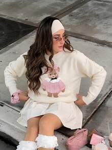 Women's Crew Neck Teddy Bear Print Long Sleeve Pullover Sweater, White, Collegiate Style Top Fall - White - View 1