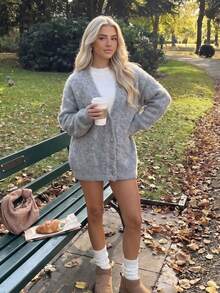 Women's Grey Fuzzy Knit Cardigan, Button Design, Autumn/Winter Collegiate Style Back To School Holiday Outfit Sweater - Grey - View 3