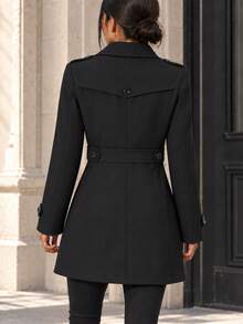 AODSR Women's Black Trench Coat, Slim Fit, Notched Lapel, Single Breasted Button Front, Long Sleeve Mid Length Coat With Pockets - Black - View 6