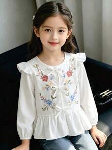 Girls' Casual Fashion Loose Blouse With Round Neck, Ruffle Flutter Sleeves, Front Tie Design, Colorful Floral Embroidery And Ruffle Hem, Spring/Autumn - White - View 1