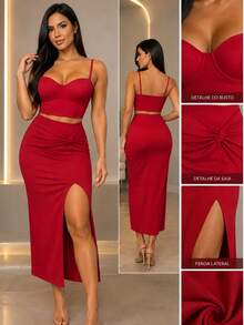 Conjunto Feminino Cropped Corset de Alça + Saia Midi com Fenda e Detalhe Franzido - Vermelho - Visão 3