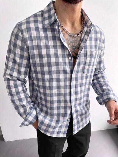 Men's Woven Long Sleeve Button-Down Shirt, Blue & White Plaid Print, Chest Pocket, Preppy/Old Money/Quiet Luxury Style, Minimalist Fresh Youthful Look, Soft Touch, Business Casual, Autumn Layering Top