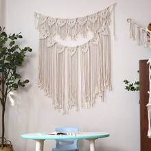 1pc Macrame Wall Hanging Bohemian Style Wall Decor Tapestry Handmade Woven Short Tassel Fiber Art Wall Hanging Bed Headboard Background Wall Decor - Beige - View 6