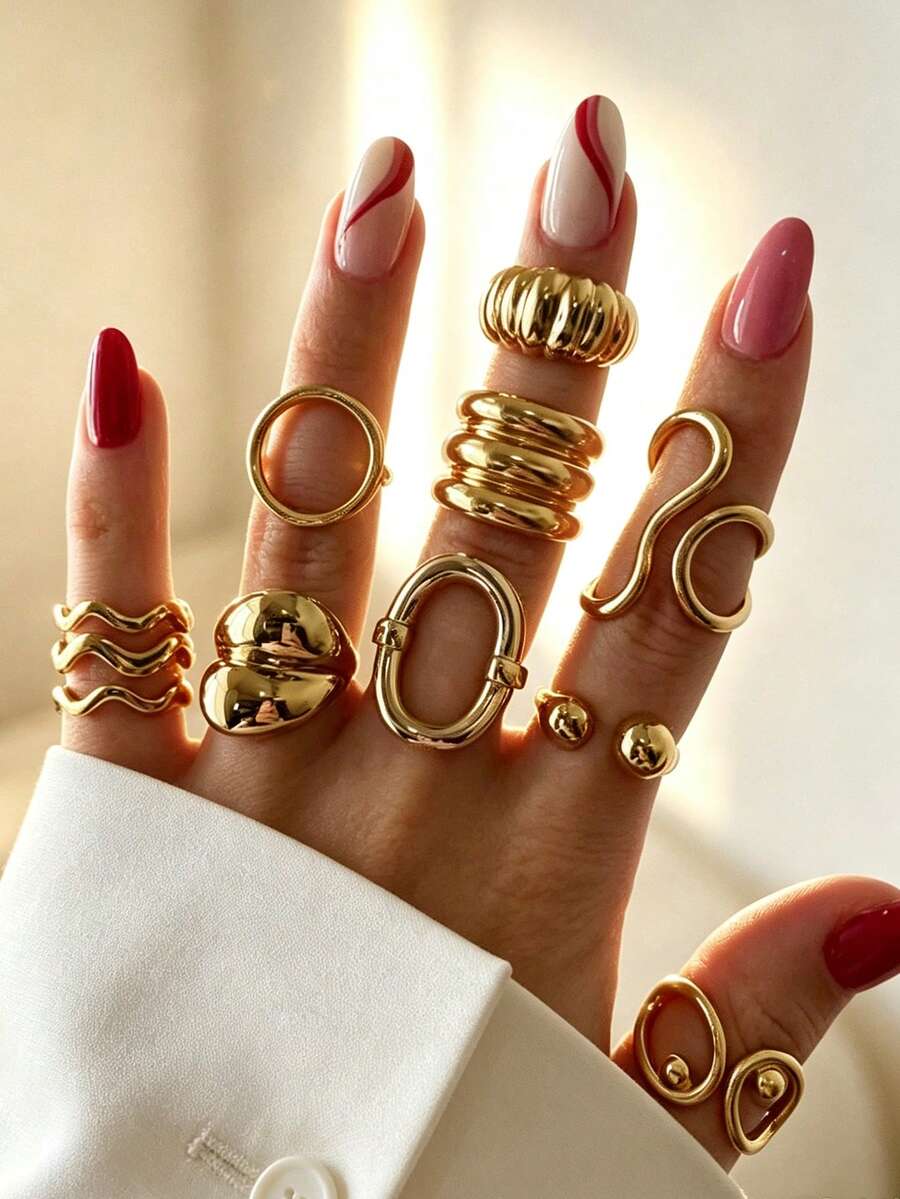 9pcs Simple Fashion Asymmetrical Metal Geometric Rings Set For Women, Sisters, Vacation, Date, Gift, Daily Casual, Party, Wedding - Yellow Gold - View 1