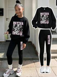 Teen Girls American Style Versatile Printed Crew Neck Sweatshirt & Slim Fit Leggings 2pcs Set, Autumn Winter Outfit, Campus Style, Homecoming Wear - Black - View 1