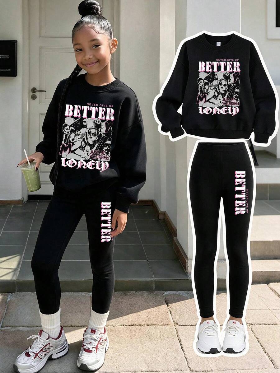 Teen Girls American Style Versatile Printed Crew Neck Sweatshirt & Slim Fit Leggings 2pcs Set, Autumn Winter Outfit, Campus Style, Homecoming Wear - Black - View 1