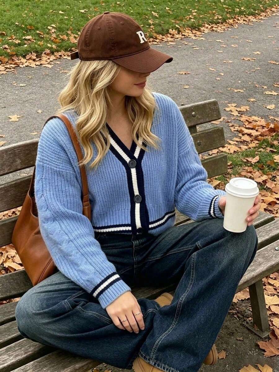 Contrast Trim Ribbed Knit Cardigan, Button Front, Long Sleeve, Slim Fit, Blue Sweater Cardigan For Women, Casual Fall Layering Top - Blue - View 1
