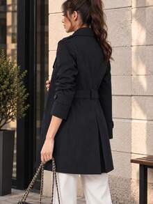 AODSR Women's Black Double-Breasted Trench Coat With Adjustable Belt, Lapel Collar And Pockets For Work And City Wear. - Black - View 6