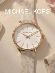 MICHAEL KORS MK1037 Pyper Series Women's Quartz Watch Gold Case With Diamond Bezel White Dial  Logo Print Strap Two-Hand Minimalist Luxury Women's Watch - White - View 6