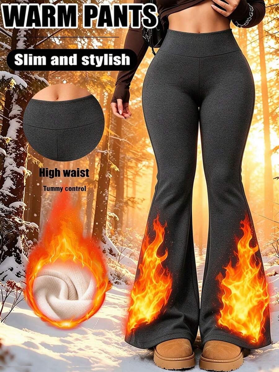Women's High Waist Thermal Lined Soft Casual Pants, Winter Thermal Lined Warm Flared Pants, High Elasticity Slim Fit Butt Lifting Slimming Wide Leg Pants, Autumn/Winter Home Casual Long Pants, Outdoor Walking Fitness Sports Commute Versatile Warm Pants, Women's Winter Clothing, Thickened Pants, Women's Warm Pants, Women's Long Pants - Grey - View 1