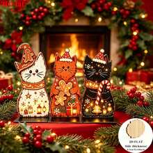 2D Flat, 3pcs Christmas Gingerbread Cat Decoration Set, Gingerbread, Candy Cane, Star, Snowflake, Gift Box, Suitable For Various Home Decor, Winter Family Gathering - A - View 2