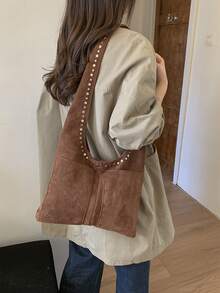 New Faux Suede Large Capacity Casual Shoulder Tote Bag, Colorblock Contrast Rivet Hobo Bag, Elegant Versatile Commuter Bag For Women - Multicolor - View 2
