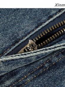 Jeans femme vintage américain délavé et usé, jambe courbe et large, taille haute amincissante, pantalon long élégant pour voyage, décontracté, vacances, début d'automne - Bleu azur - Voir 6