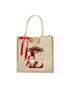 Initial And Name Christmas Canvas Gift Bag, 26 Initials, Custom Large Santa Claus Patterned Cloth Bag, Featuring A Red Bow Ribbon, Personalized Christmas Decoration Gift Party Favor - Multicolor - View 24